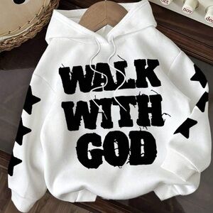 White Hoodie with Black Text and Star Design